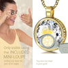 Girl looking thru magnifying glass 24k gold inscribed nanostyle necklace