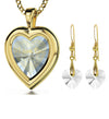 Gold Plated Silver Heart Jewelry Set I Love You Necklace in 120 Languages and Crystal Earrings