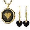 I Love You Necklace Inscribed in 120 Languages with 24k Gold on Onyx and Crystal Heart Earrings Jewelry Set