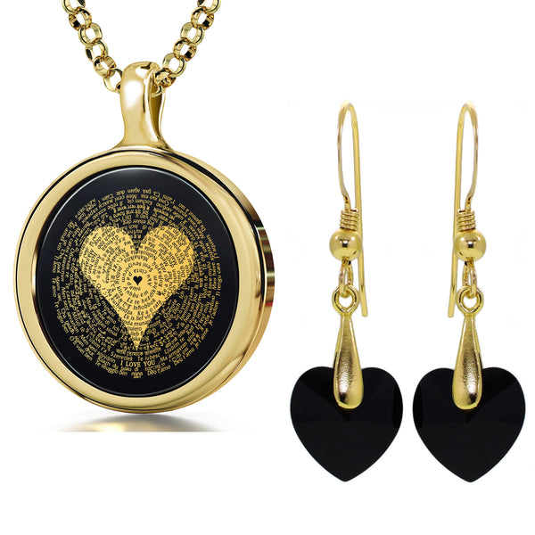 I Love You Necklace Inscribed in 120 Languages with 24k Gold on Onyx and  Crystal Heart Earrings Jewelry Set