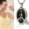 Girl looking thru magnifying glass 24k gold inscribed nanostyle necklace